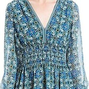 NEW Designer Max Studio Vneck Smocked Dress Floral Print Blue Teal Long Sleeve M